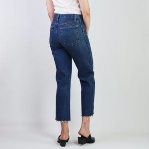 Vintage 90s High Waist Mom Jeans Rustler 29 Raw Cropped Straight Leg Dark Rinse
